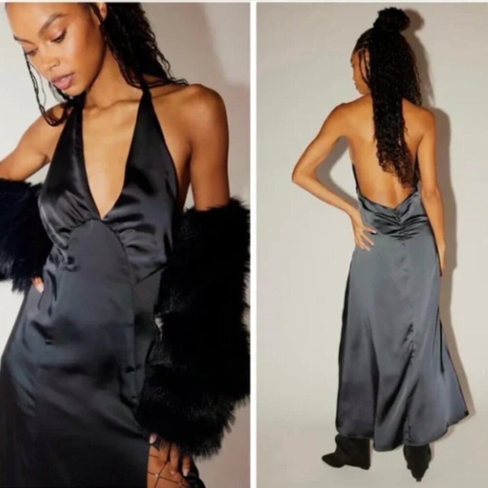 NWOT Free People Dance Till Dawn Satin Black Gown, MEDIUM